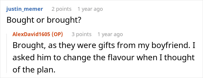 Ice cream thief prank discussion about changing flavor as a surprise in a Reddit thread exchange.