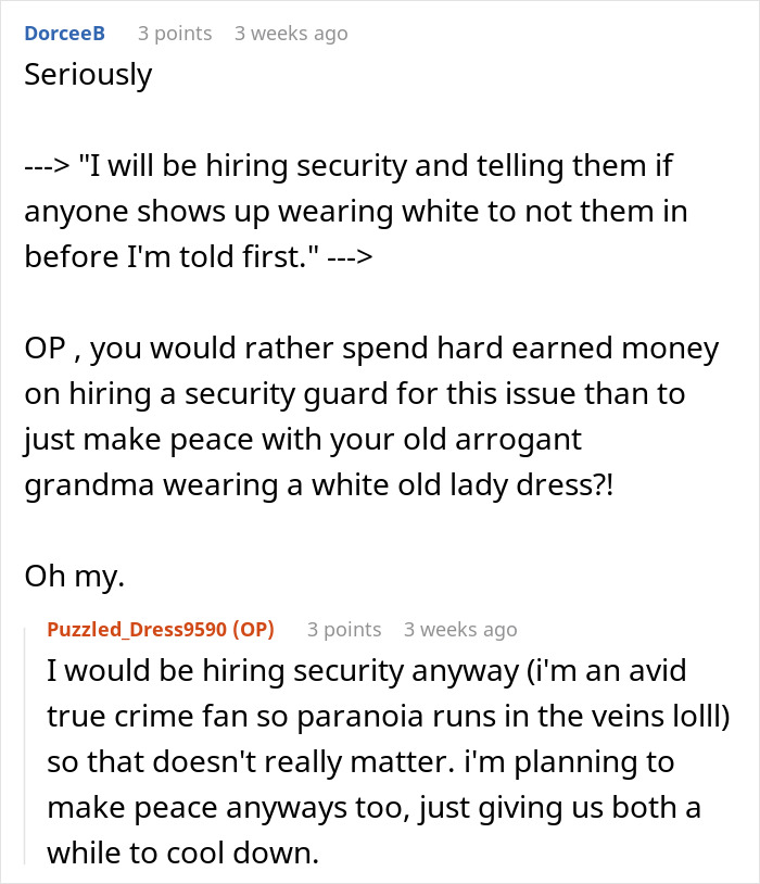 Discussion on Reddit about a bride's request for her grandmother not to wear white at the wedding.