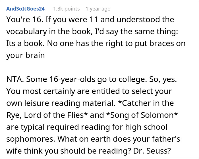 Stepmom Tries To Censor What 16YO Reads, He Decides Not To Visit His Dad Anymore