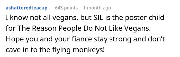 Reddit comment critical of a vegan causing wedding menu controversy; mentions SIL and flying monkeys.