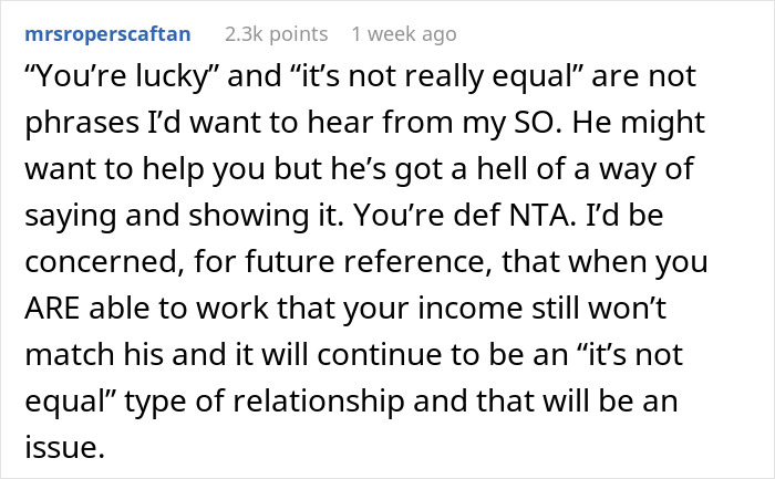 Reddit comment discussing issues in a relationship with a wealthy partner and unequal dynamics. Reddit comment discussing issues in a relationship with a wealthy partner and unequal dynamics.