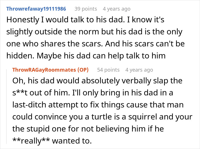 Comments discussing boyfriend's reaction to discovering burn scars and considering involving his dad for advice.