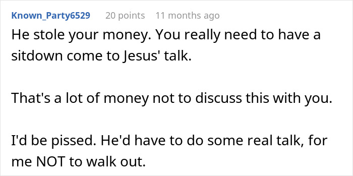 Reddit comment on a financial secret causing tension over a $7.5K loan.