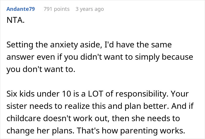 Reddit comment discussing anxiety, responsibility of babysitting six kids, and advice on parenting and childcare planning.