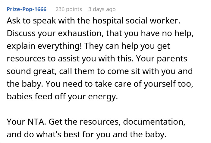 Hospital social worker advice for parents of newborn with pneumonia, stressing self-care and resource help. 