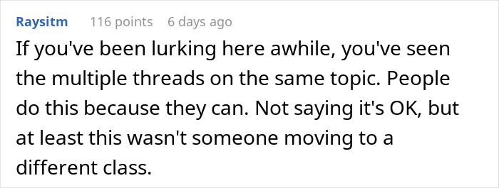 Text from an online comment about issues with passengers moving seats for convenience.