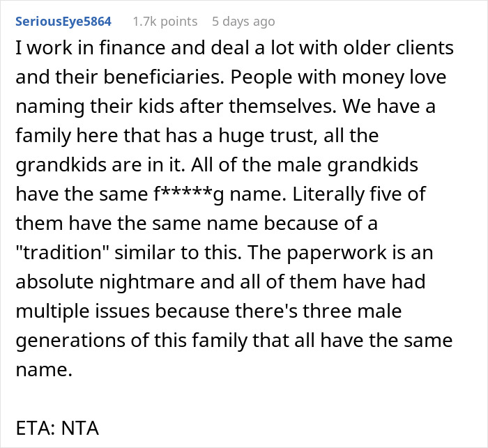 Text discussing complications from a tradition of naming all male grandkids the same, highlighting paperwork issues.