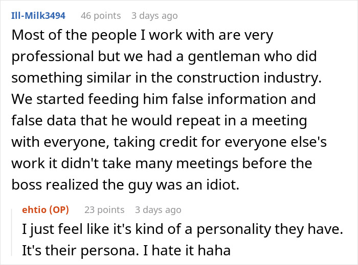 Reddit comment discussing karma and coworkers taking credit for others' work in a construction setting.