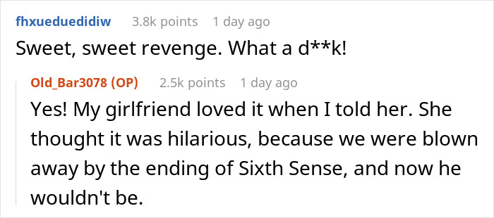 Reddit comments discussing moviegoer's entitled behavior and sharing spoilers for revenge.