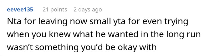 User comment discussing relationship and decision to leave.