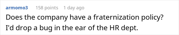 Comment discussing fraternization policy and HR, related to a photo of a partner and work spouse in a sauna.