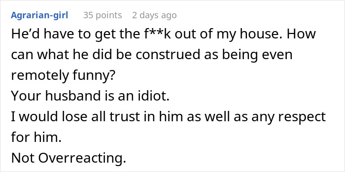 Text response criticizing husband's prank, questioning the humor and expressing lost trust and respect.