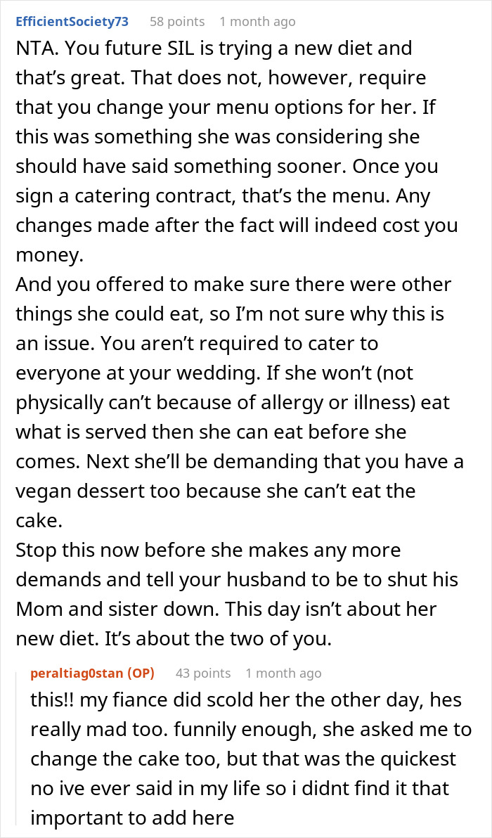 Reddit users discuss a vegan's request to change a $1,500 wedding menu after two weeks on the diet.