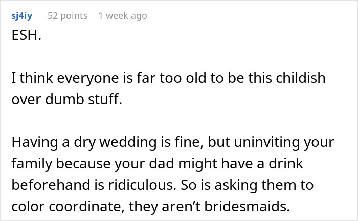 Text post discussing family conflict over a dry wedding, criticizing disinviting parents and color coordination demands. Text post discussing family conflict over a dry wedding, criticizing disinviting parents and color coordination demands.