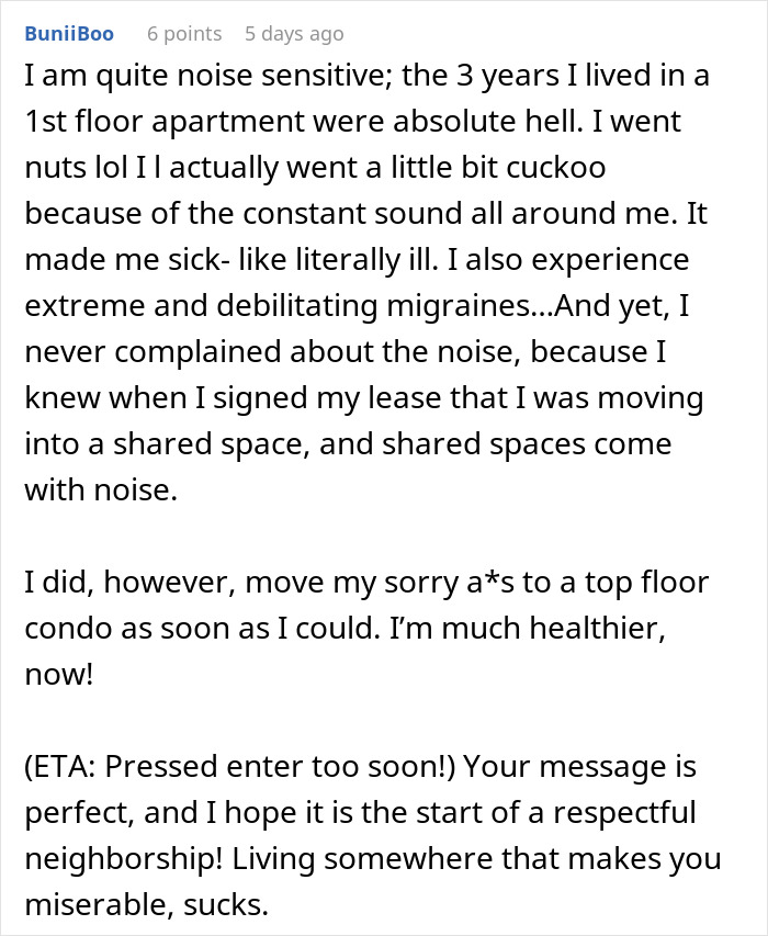 Text post about noise sensitivity and moving to a condo; mentions shared spaces and respectful neighbor relationships.