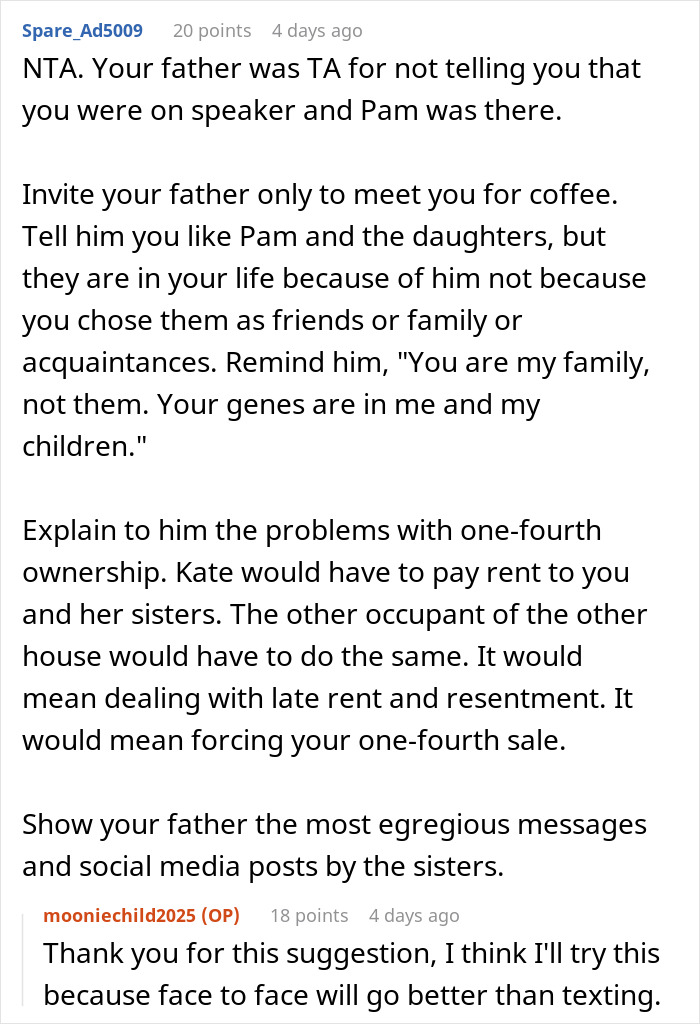 Reddit post discussing family dynamics, lack of apology to stepmom and stepsisters, and related drama strategies.