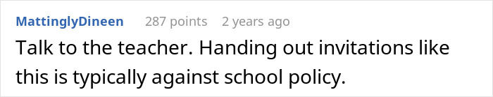 Reddit comment suggesting to talk to the teacher about invitation exclusion policies in schools.