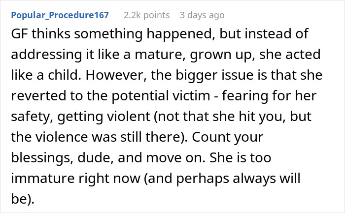 User comment discussing refusal to sleep on couch due to partner's immature behavior.
