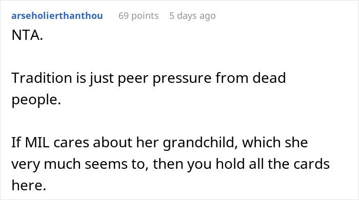 Text comment discussing tradition and family influence, mentioning MIL's concern for grandchild.