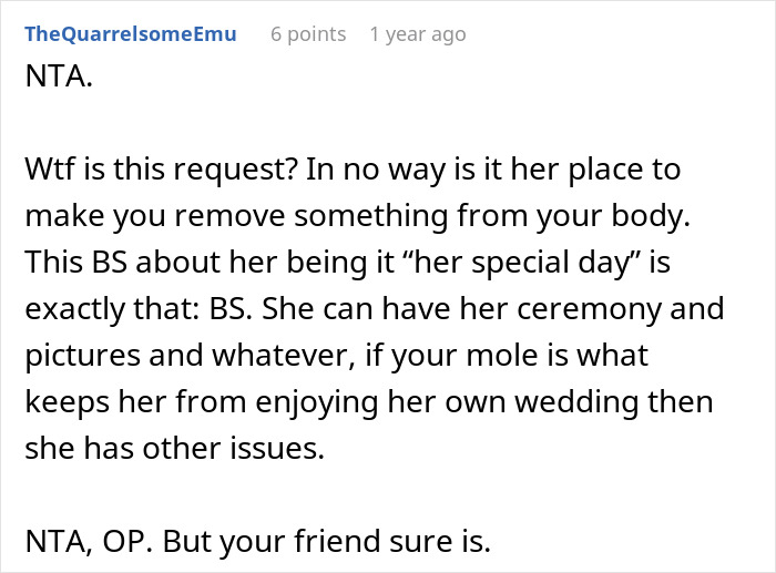 Online comment discussing bridesmaid facial surgery request from bride. Online comment discussing bridesmaid facial surgery request from bride.