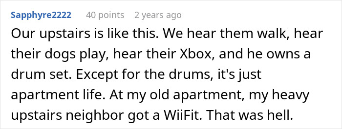 Text post about noisy upstairs neighbors and apartment life nuisances.