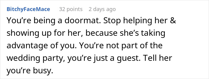 Text exchange about bride's request for free labor from a friend not in the wedding party. Text exchange about bride's request for free labor from a friend not in the wedding party.