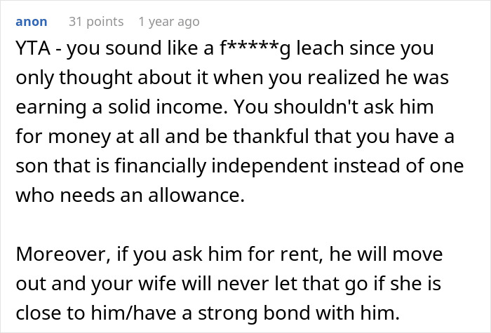 Anonymous comment criticizing $600 rent charge for financially independent son.