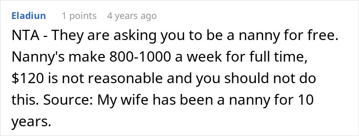 Reddit comment discussing fair nanny wages compared to low babysitting payment request.