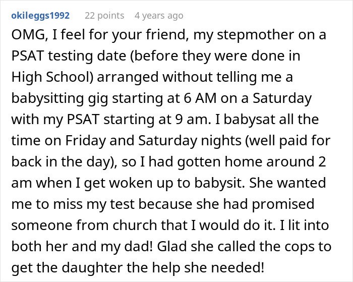 Text discussing a PSAT conflict caused by a babysitting situation arranged without permission, highlighting frustrations.