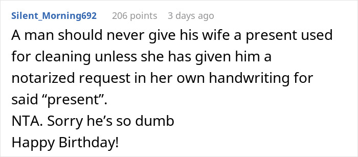 Comment humorously discussing husband gifting vacuum to wife.