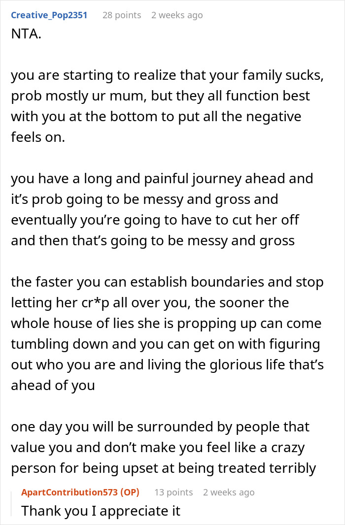 Reddit comment providing advice and support on not being invited to a family holiday.