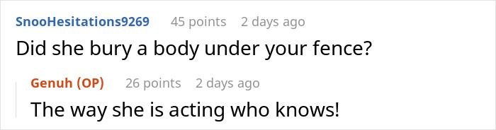 Reddit comments on a neighbor's fence dispute, referencing OCD behavior and suspicion.