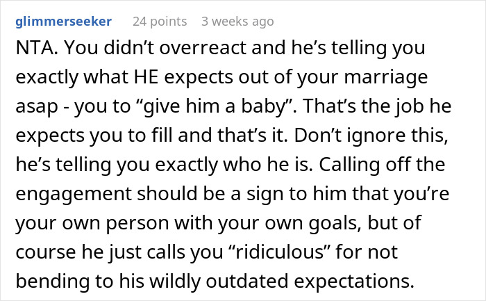 Text comment discussing outdated relationship expectations and calling off a wedding over family roles.