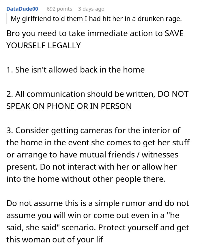 Text exchange discussing legal protection and advice regarding personal allegations.