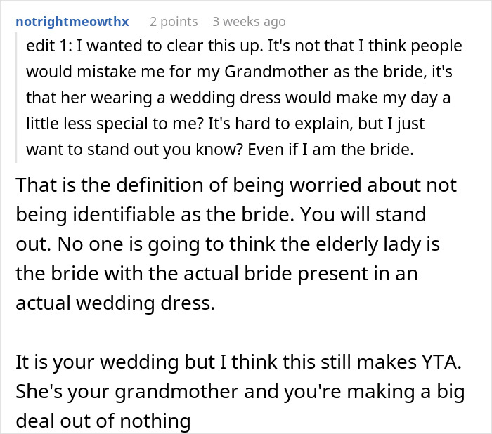 Text exchange discussing a bride's concern over her grandmother wearing white at her wedding.