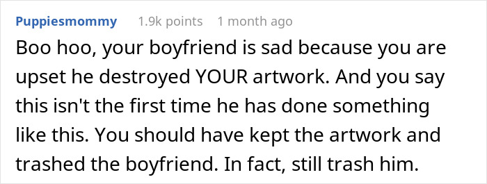 Comment screenshot discussing a woman's boyfriend who ruined her artwork.