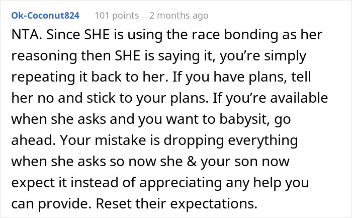 Text screenshot discussing the son’s girlfriend using race bonding as an excuse for childcare issues. Text screenshot discussing the son’s girlfriend using race bonding as an excuse for childcare issues.