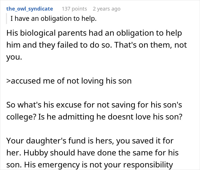 Text conversation discussing accusation of wife not loving husband's son over college fund refusal.