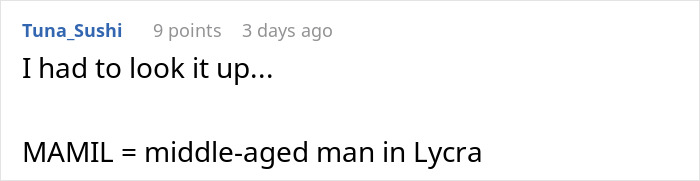 Text exchange about MAMIL, defining it as middle-aged man in Lycra.