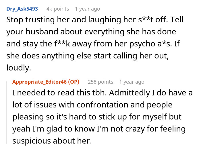 Reddit exchange discussing sister-in-law fears and suspicions about her behavior being intentional. Reddit exchange discussing sister-in-law fears and suspicions about her behavior being intentional.