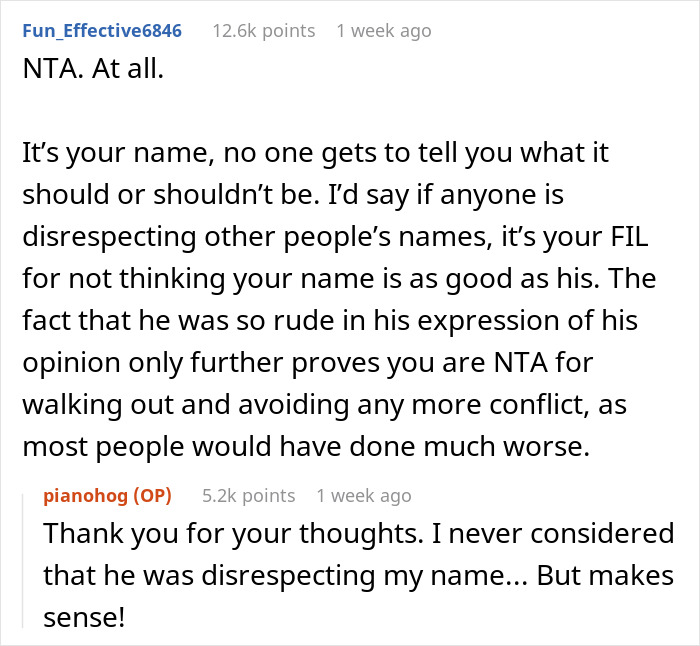 Reddit post discussing a bride rejecting FIL's last name, emphasizing respect and name value.
