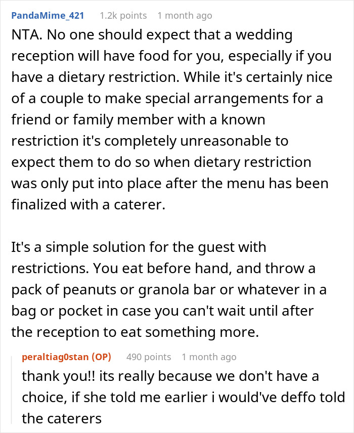 Reddit comments discussing a vegan's request for wedding menu changes after engaging SIL.