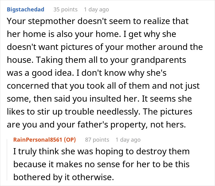Reddit conversation about a stepmother's upset reaction to teen taking late wife's photos.