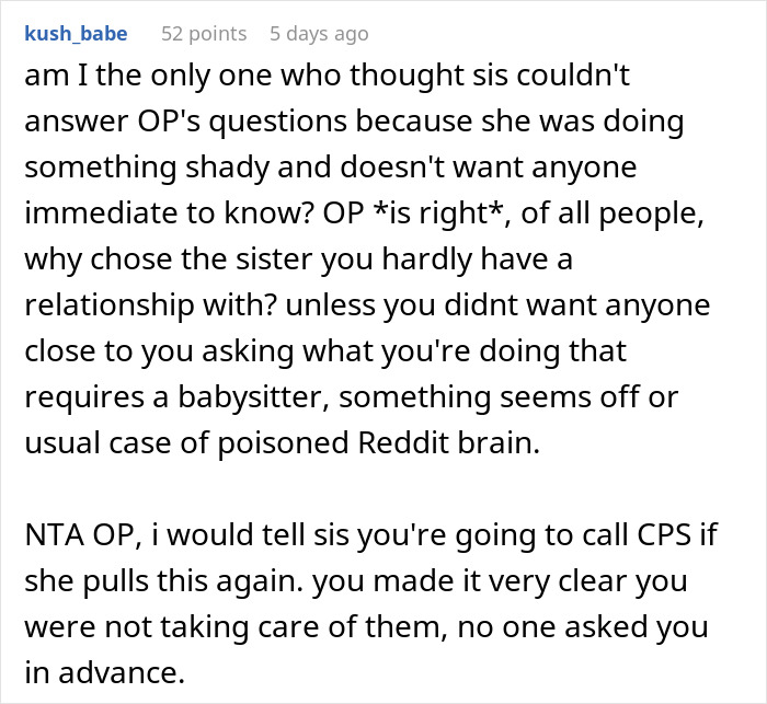 Reddit comment discussing babysitting issue after a woman drops kids off at her sister's without consent.