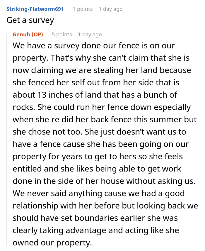 Reddit user discusses neighbor dispute over fence plans, mentioning survey and land boundaries regarding OCD behavior.