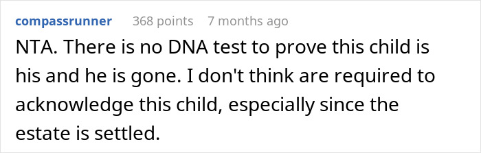 Reddit comment about a woman refusing to share money with husband's affair child, questioning DNA proof and estate settlement.