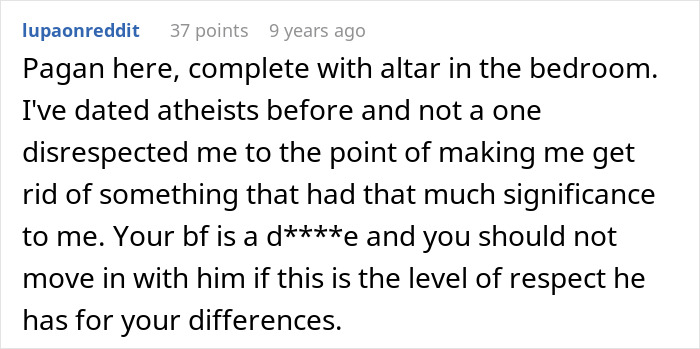 Reddit comment discussing relationship respect and the conflict between religion and personal choices.