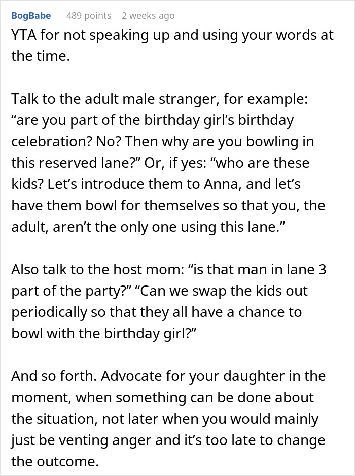 Text conversation discussing a daughter's experience sitting alone at a birthday party.