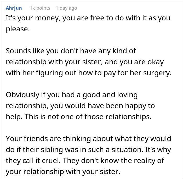 Text exchange discussing sibling relationship and financial decision for surgery.