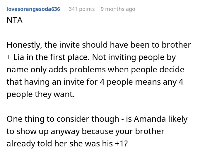 Reddit comment discussing wedding invite issue with brother's unexpected +1 choice.